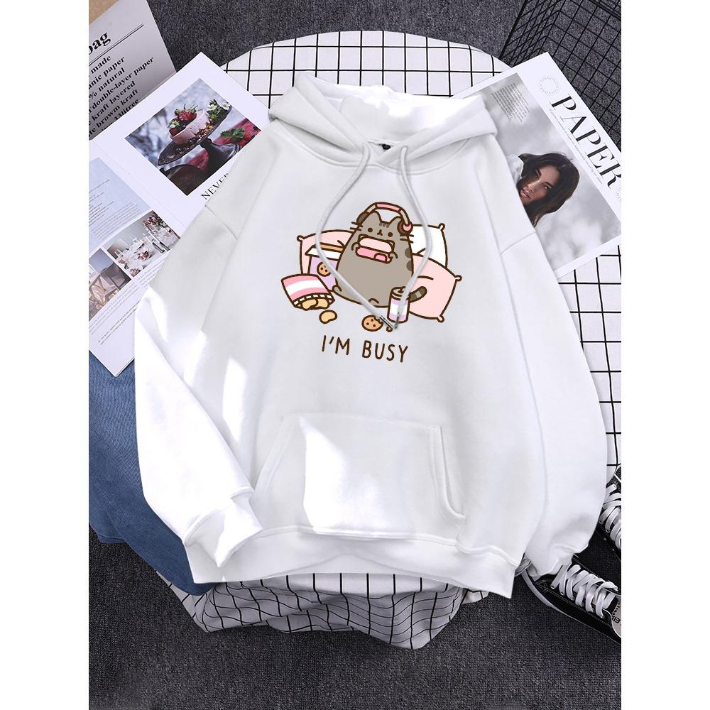 Sorry I'M Busy Cat Playing Games With Headphones Women Hoody Simple Pocket Pullovers Outdoor Soft Sweat Street Casual Female Top