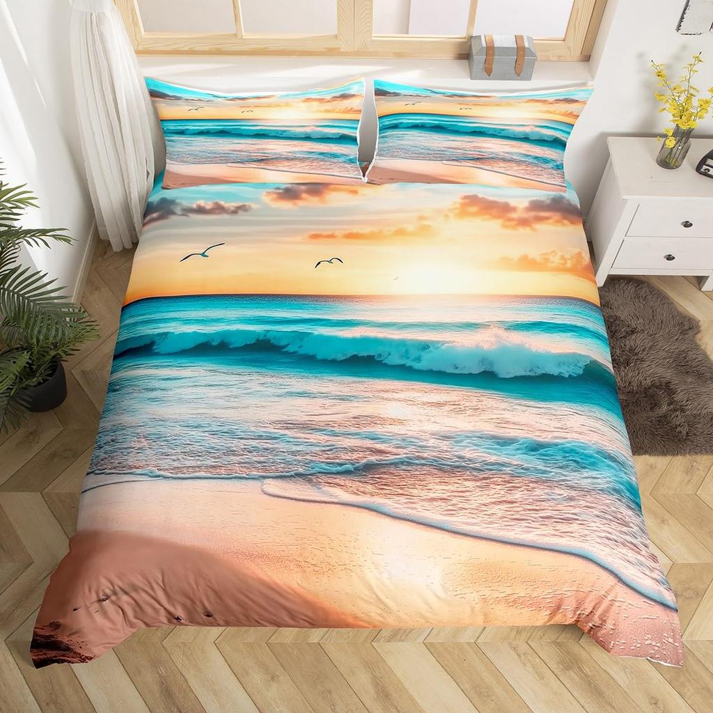 Beach Duvet Cover Twin Full Queen King Size,Ocean Theme Bedding Set for Kids Girls Boys Room Dorm,Coastal Beach Comforter Cover