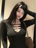 Spicy V-Neck Long-Sleeve Velvet T-Shirt Women's Slim Fit Cinched Waist Base Layer Black Top