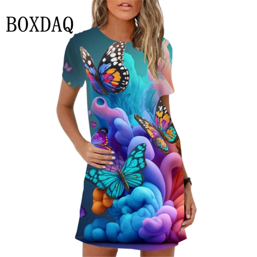 Summer Women s Elegant Butterfly Print Mini Dress Sweet Casual Short-sleeved Plus Size Floral Dress S