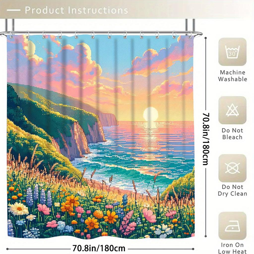 Tenda Doccia Decorativa Campo di Fiori Set Bagno - Lavabile in Lavatrice, Con 12 Ganci, Incluso Copri Sedile WC e Vasca da Bagno