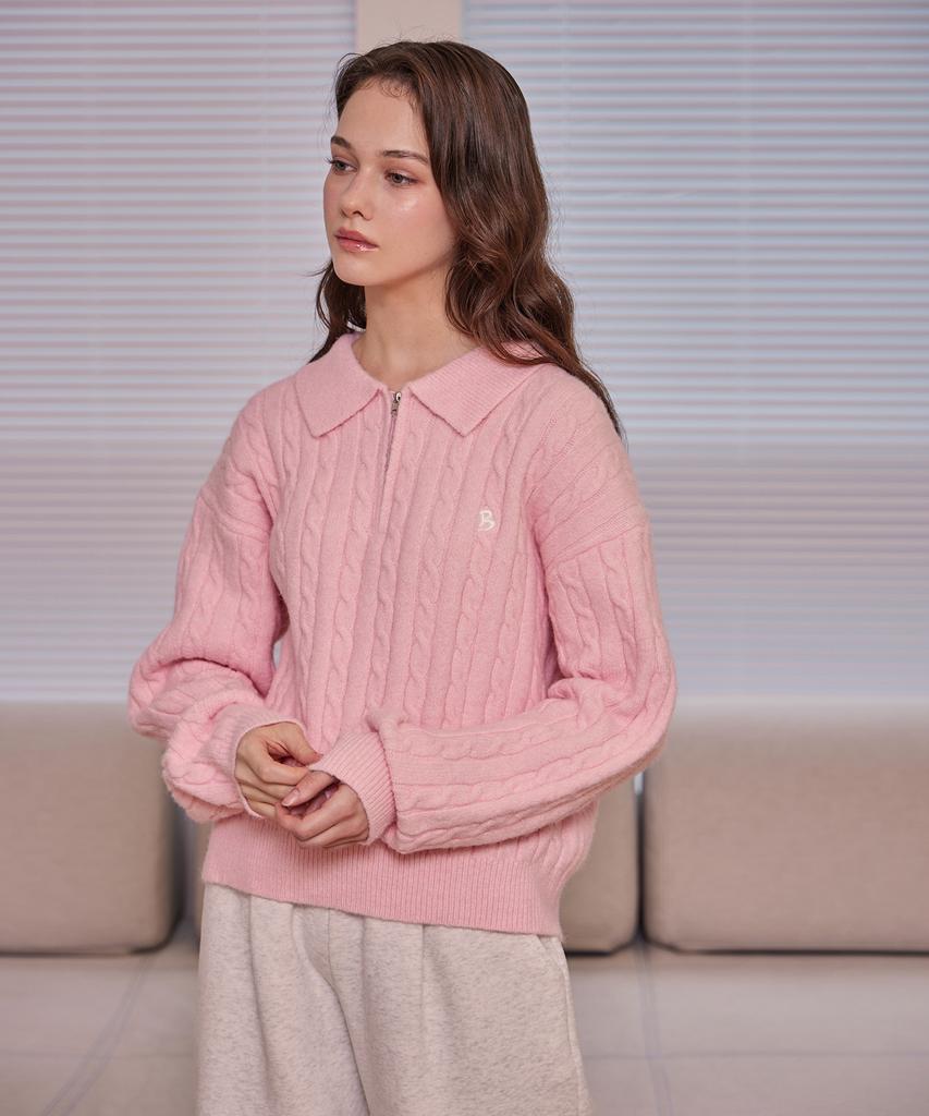 BELLOL Cozy Cable Knit Half Zip Knit Pink