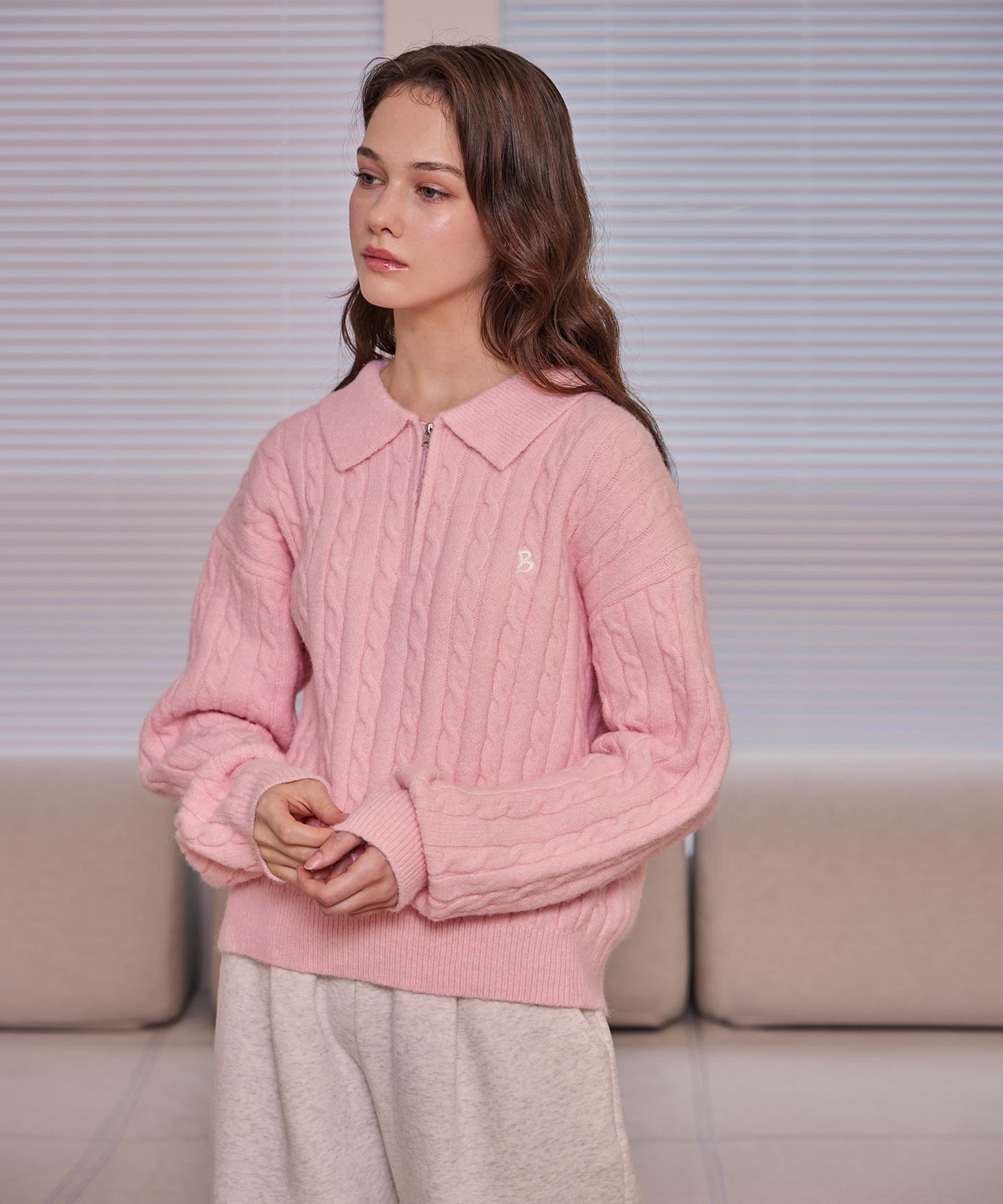 Belloel Cozy Cable Knit Half Zip Knit Pink Free