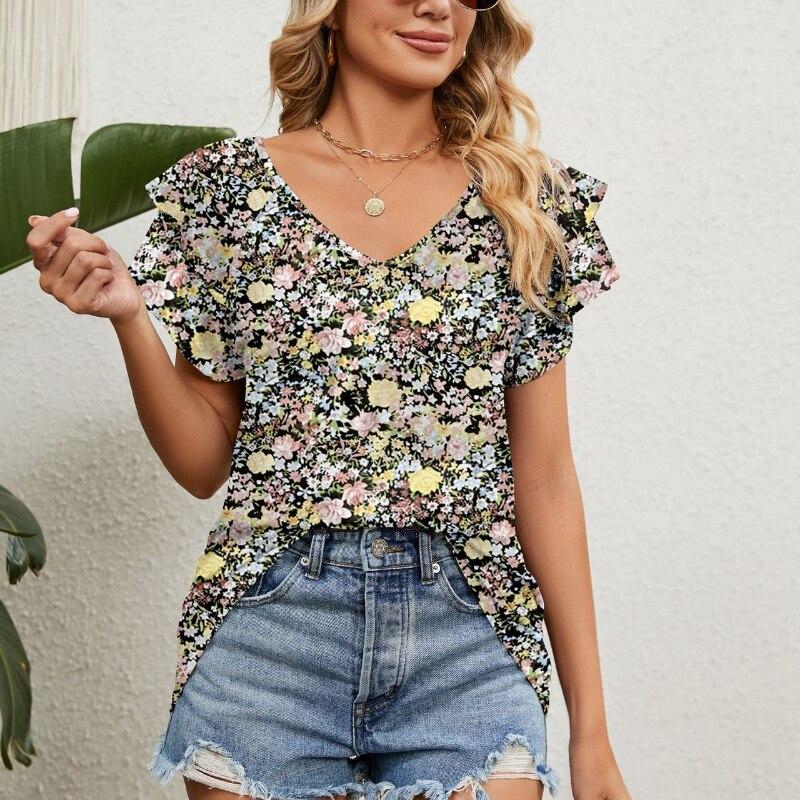 Maglietta Donna Scollo A V Con Stampa 3D A Lettere Sfumate - Casual Estiva In Cotone E Poliestere, Taglie Forti Fino A 5XL