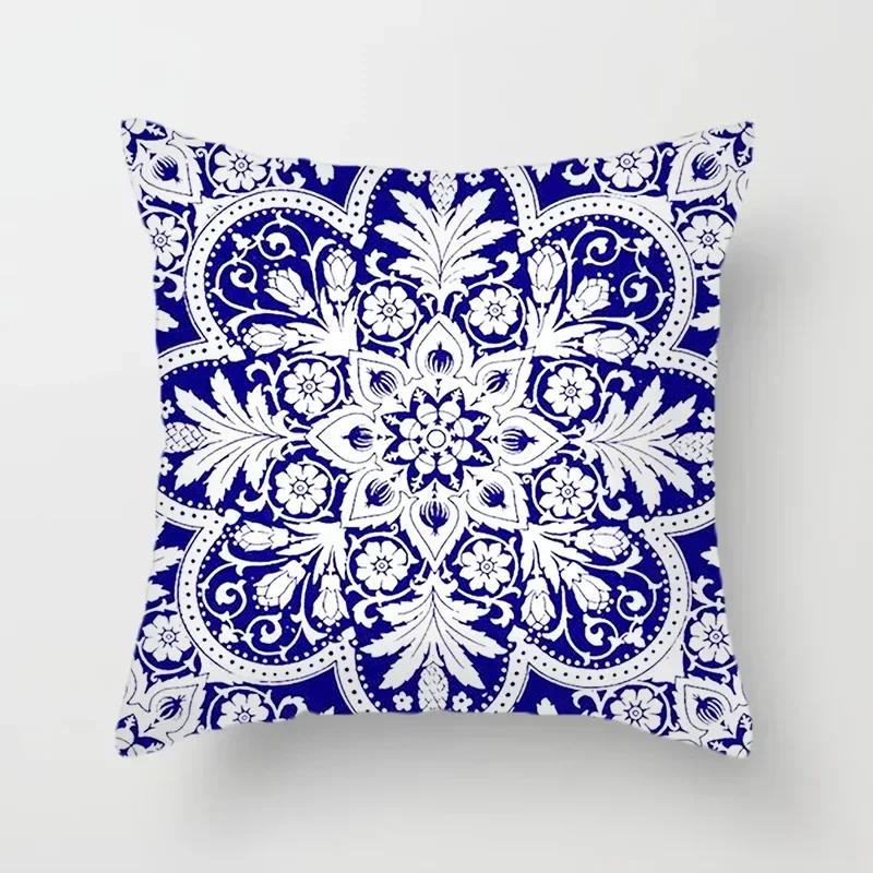 40/45/50/60Cm Blue Geometric Floral Printed Pillow Case Soft Cushion Cover For Home Sofa Car Bedroom Pillow Covers