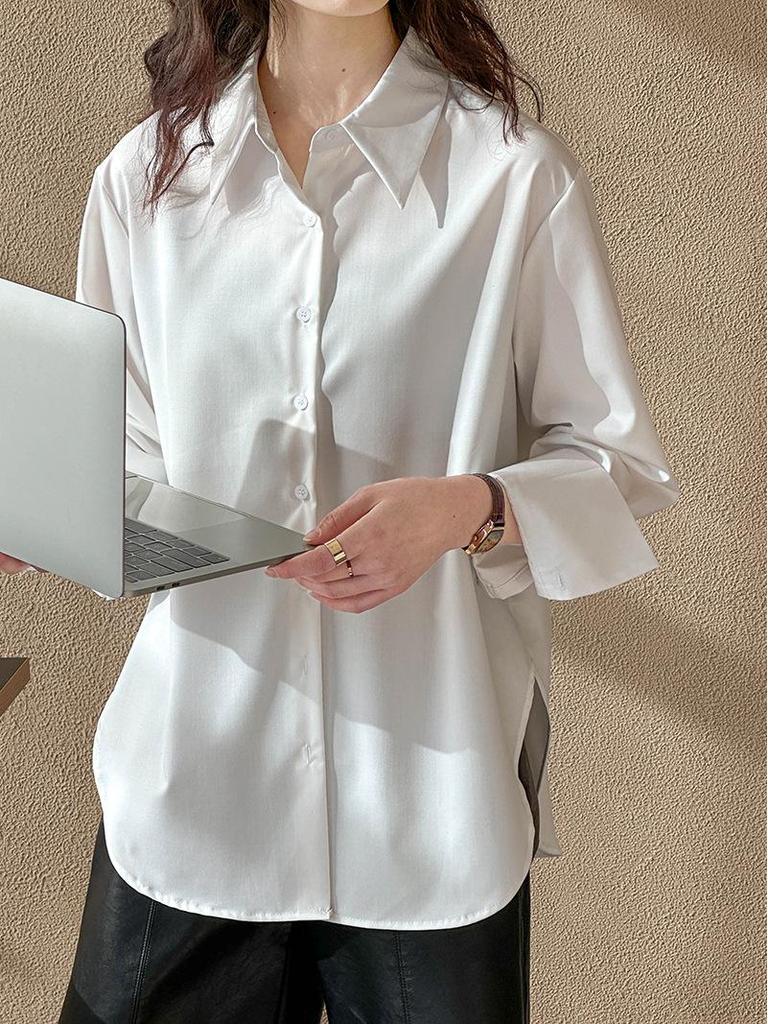 Juzhi High-End Women's Long-Sleeved Loose Solid Color Shirt - Korean Niche Design