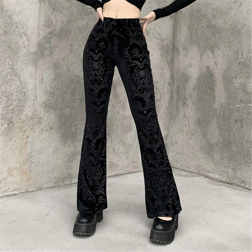 Kadın Moda Rahat Pantolon Vintage Gotik Otik Baskı Yüksek Bel Pantolon