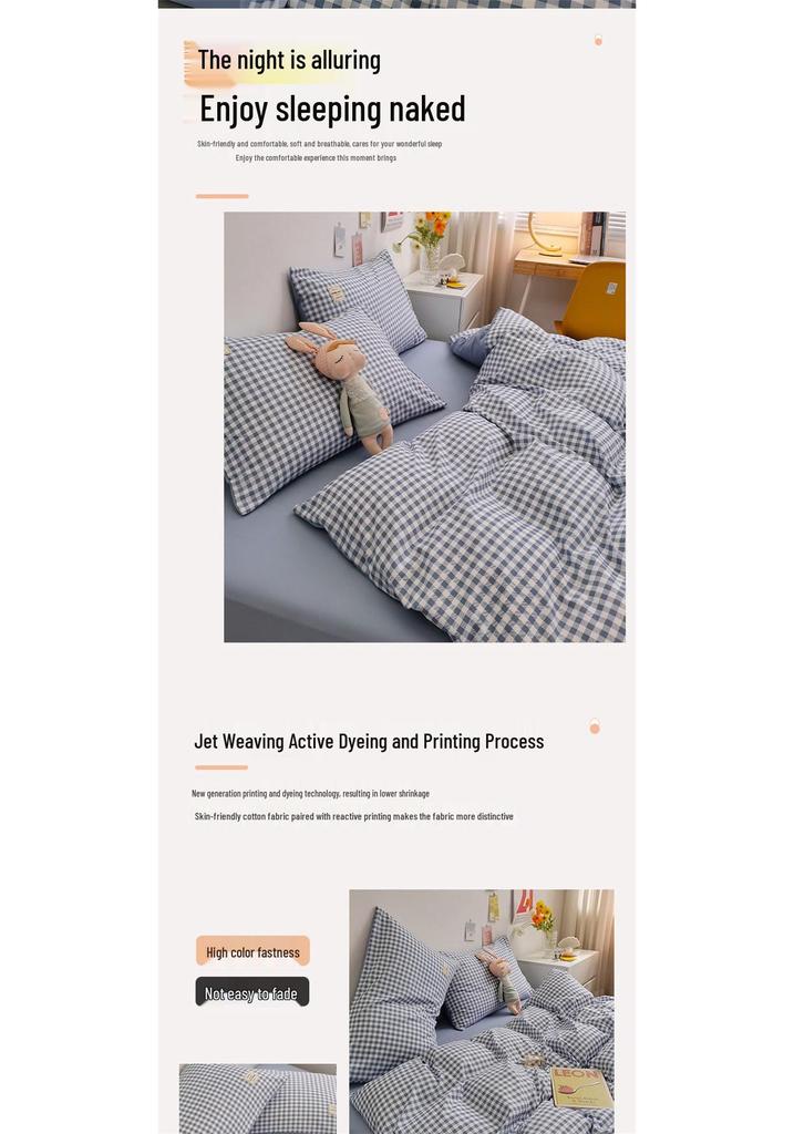 Four-Piece Pure Cotton Washable Bed Set: Skin-Friendly Sheet and Duvet Cover, Ideal for Dormitory Beds.