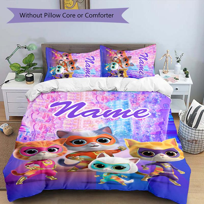 3pcs Super Kitties Adventures1 Cover Set - Personalized Name, HD Printed Bedding with 1 Cover and 2 Pillowcases - Perfect for Home Decor, Easy C