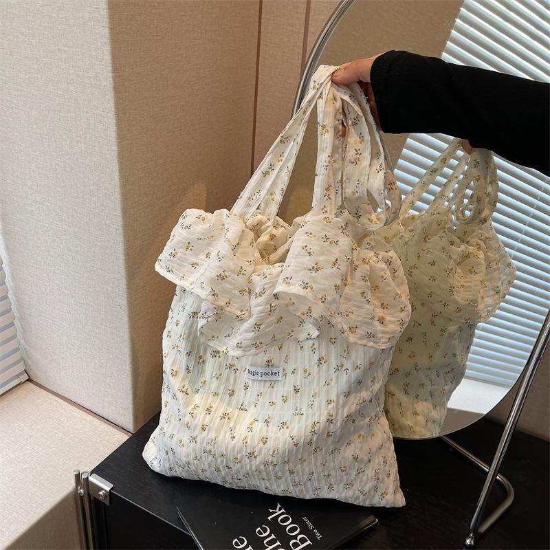 

Мягкая вощеная сумка из шифона с краем в виде листа лотоса, женская новая сумка-ведро с цветочным принтом, сумка большой вместимости