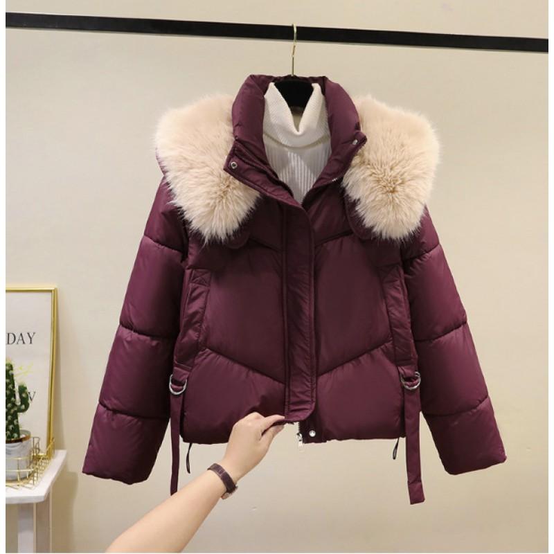 Womens Thick Puffer Coat With Detachable Faux Fur Collar Short Warm Winter Jacket Slim Fit Cotton-Padded Outerwear