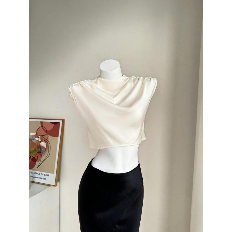 Women's Spring Summer Pleated Satin Shirt Color Ding Imitation Silk Short Shirt