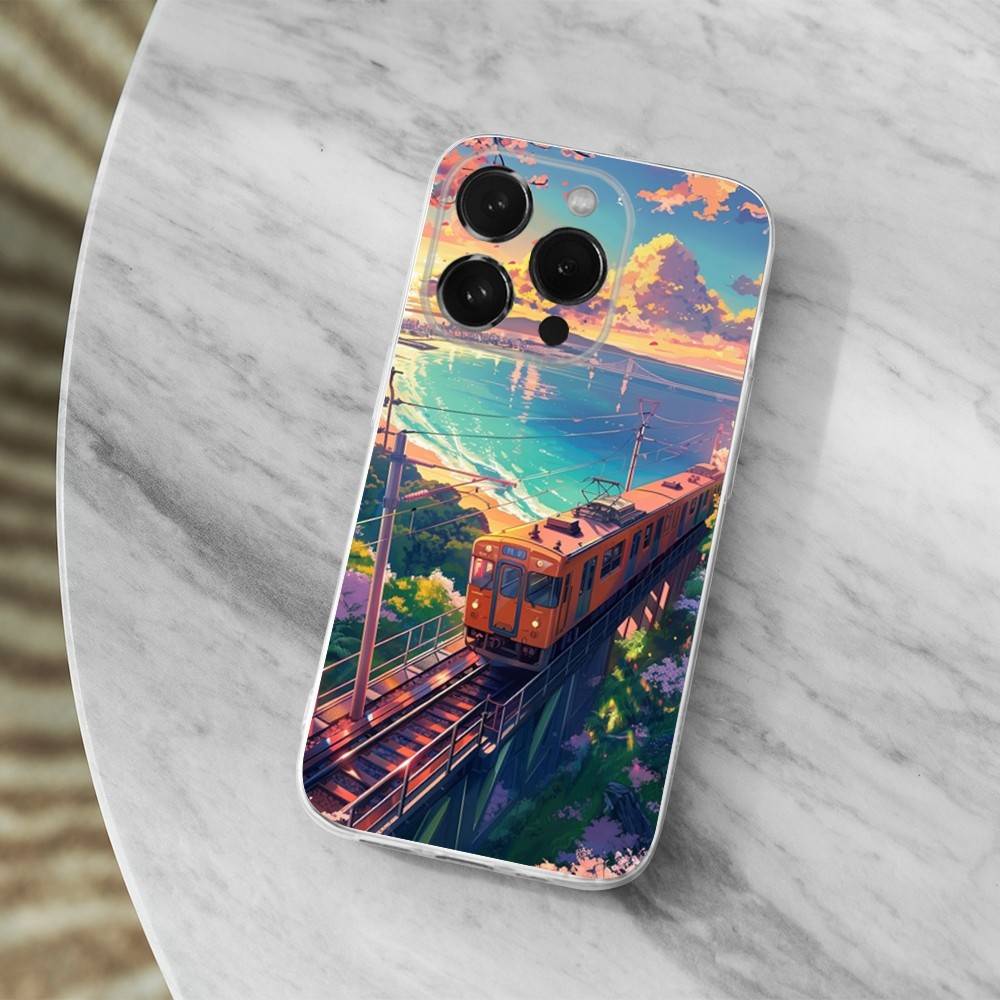Cartoon Art Classic Train Case For iPhone X,14,16,Mini,XS,SE,12,15,Pro,17,Plus,11,Max,13,XR,Transparent Soft Cover