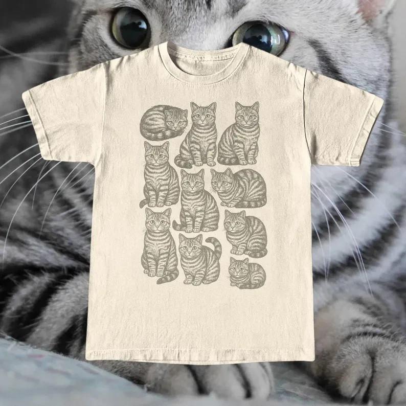 

American Shorthair Tabby Cat Shirt Vintage Sketch Cats Tee Shirt Full Size S3XL Unisex T-Shirt XXXXL