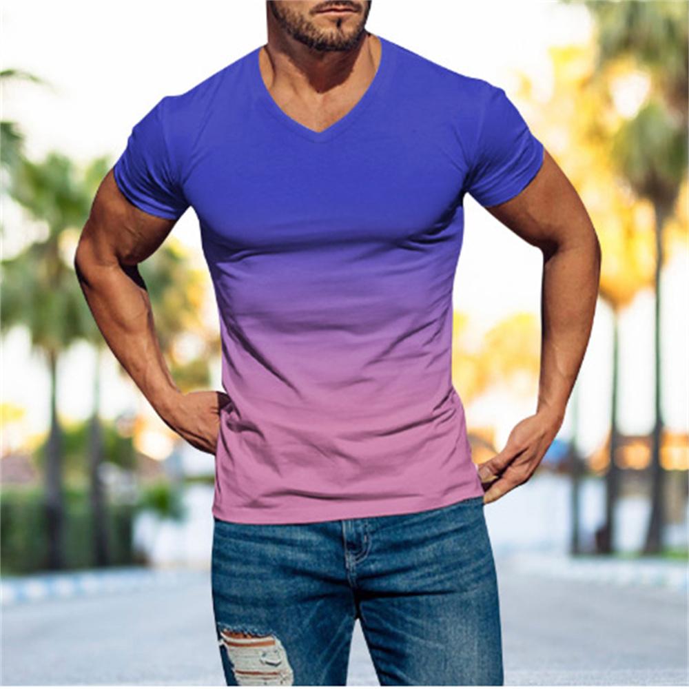 Letní móda Ležérní Muži Top Gradient 3D digitální potištěné Pánské tričko s krátkým rukávem a výstřihem do V Cool Streetwear Oversized topy