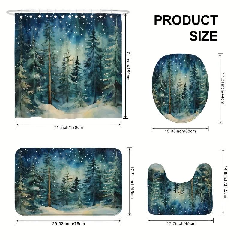 Winter Forest Shower Curtain Set With Non-Slip Bath Mat, U-Shape Toilet Lid Cover, And Curtain Hooks - Water-Resistant Polyester