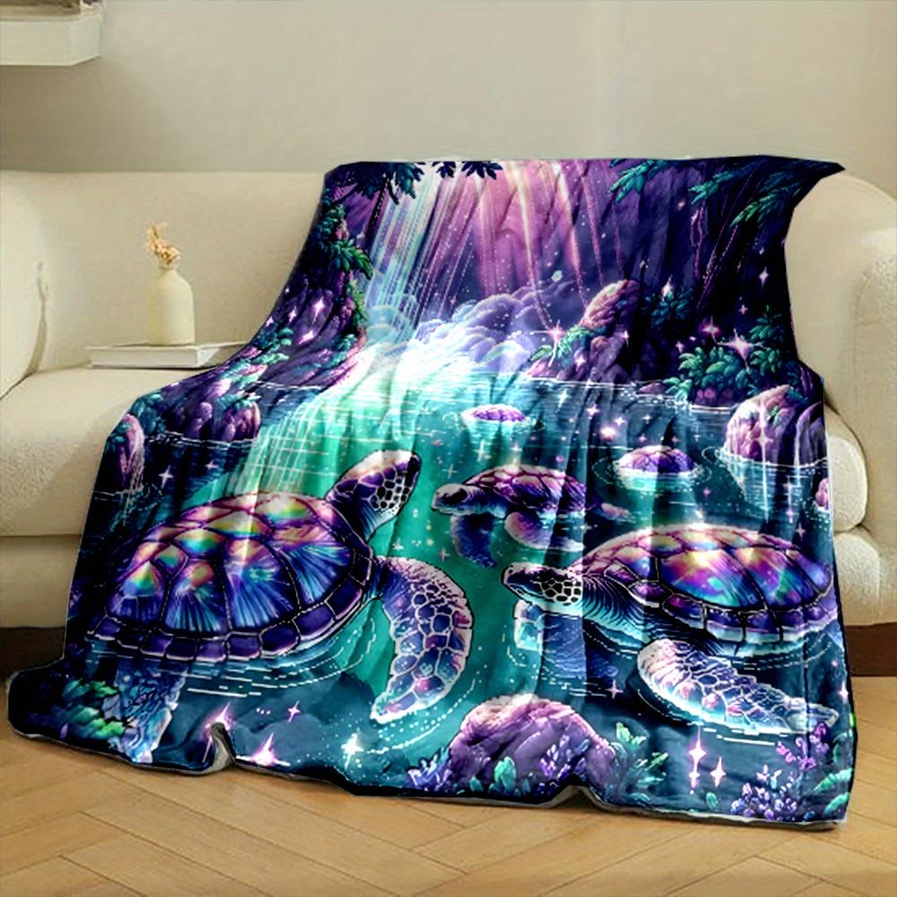Reversible Digital Print Flannel Throw Blanket, Soft Non-Shedding Polyester with Contemporary Cartoon Turtle Pattern