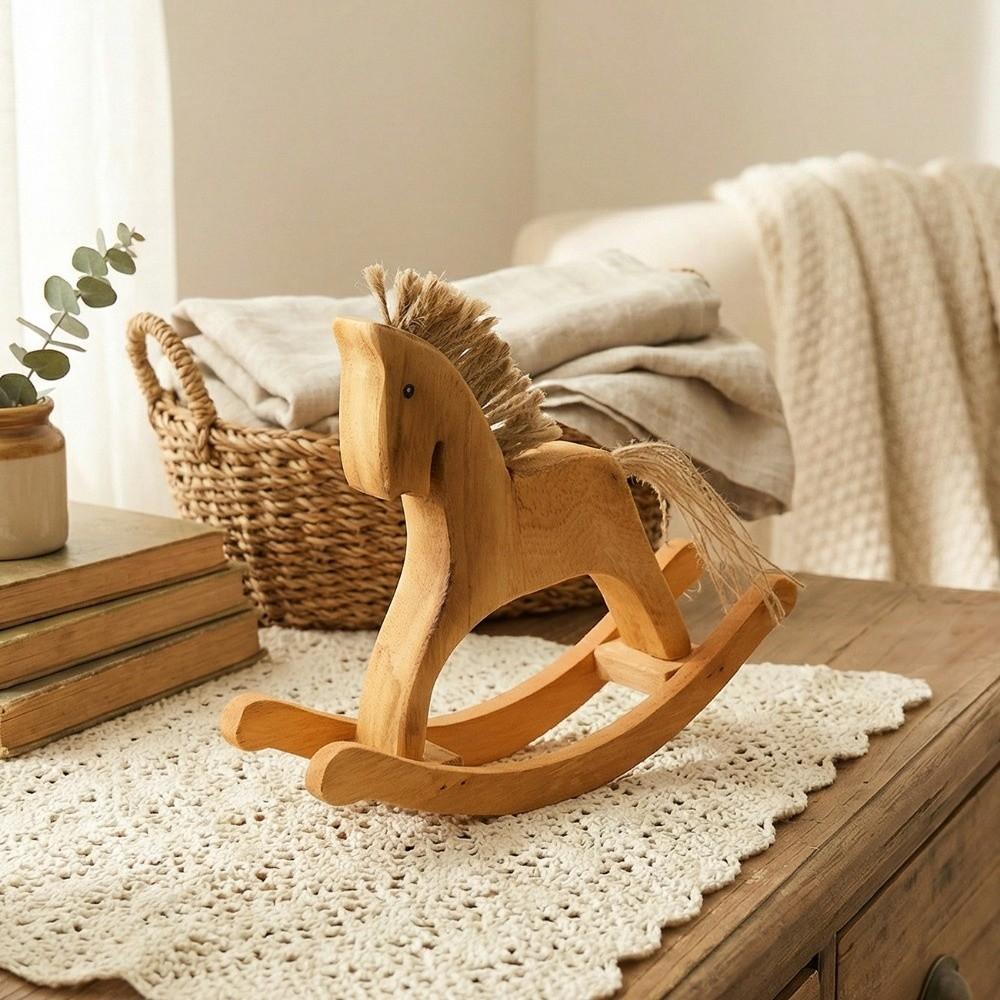 Handmade Rocking Horse Ornaments Retro Style Lifelike Wood Carving Horse Hand Carved Decorative Wooden Horse Figurine Office