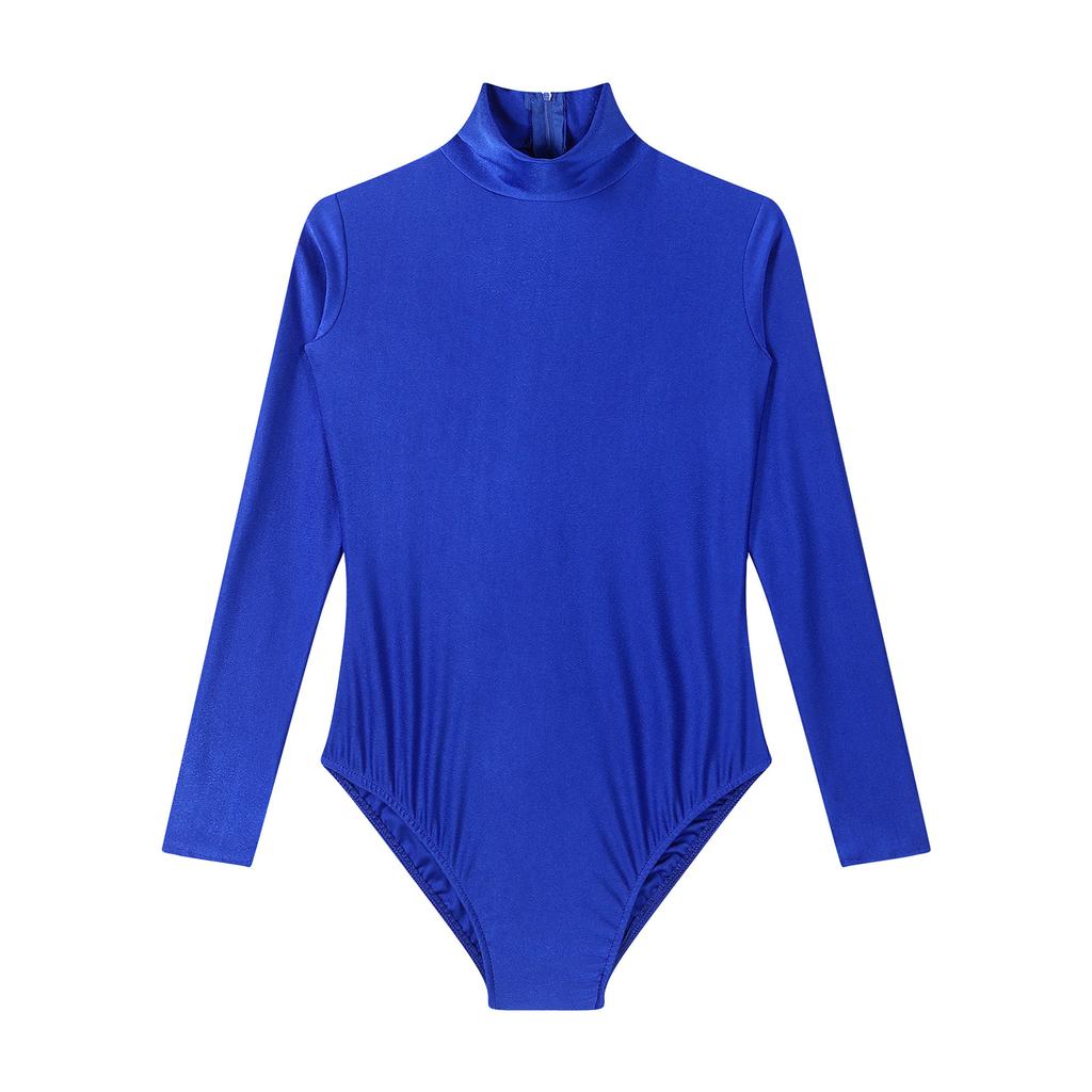 Dámský jednobarevný body s dlouhým rukávem, design s rolákem, zapínání na zip vzadu, pružný trikot, oblečení na gymnastiku a akrobacii