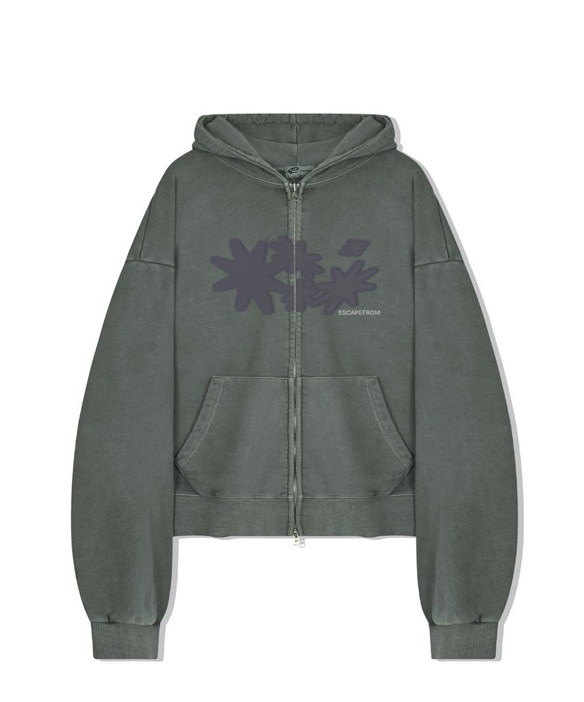 Escapefrom Flare Sun Logo Print Two-Way Pigment Zip-Up Hoodie Khaki
