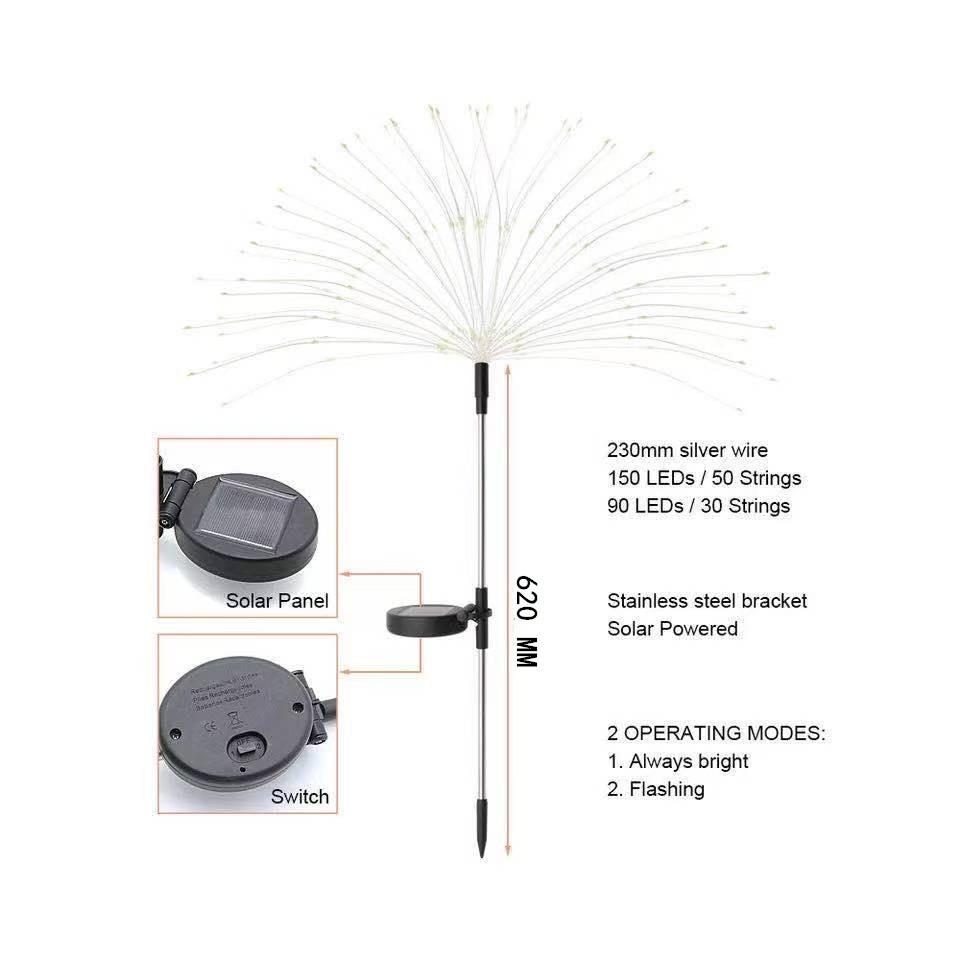 150LED Solar Garden Lights Outdoor Solar Firework Lights Solar Lights Copper Wire Stake Landscape Lights for Pathway Backyard Christmas Decoration