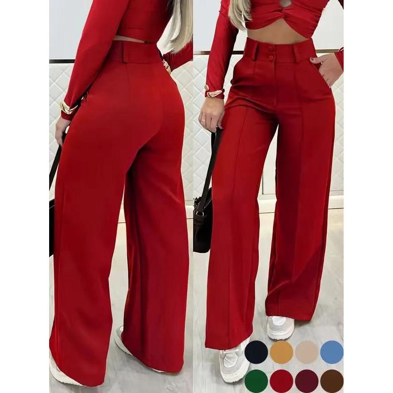 Women's High Waist Wide Leg Pants with Button Detail