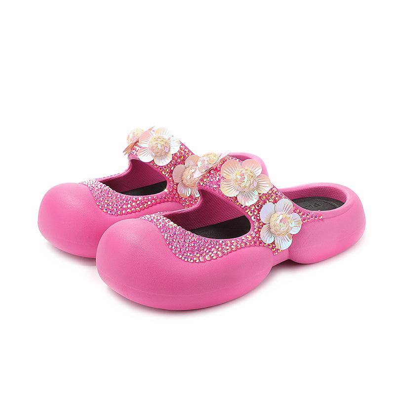 Fashion Handmade Diamond Inlaid Mary Jane Pink Slippers New Sweet Flower Sequins Thick Sole Heightening Net Red Summer Beach Sandals