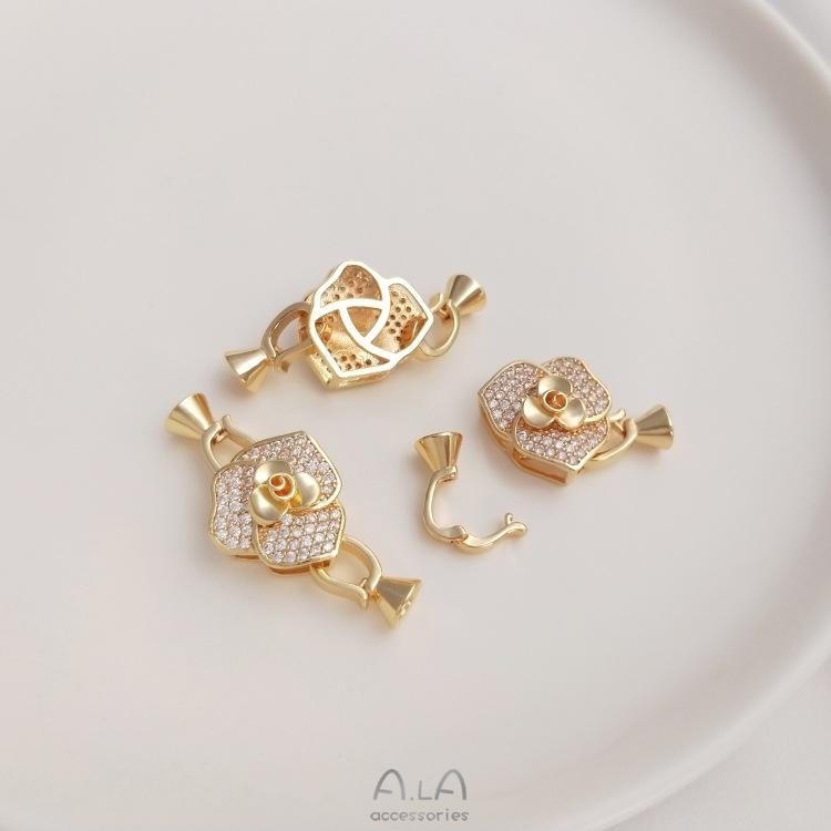 14K Gold-Filled Rose-Shaped Bow Zirconia Pearl Necklace Clasp Connector