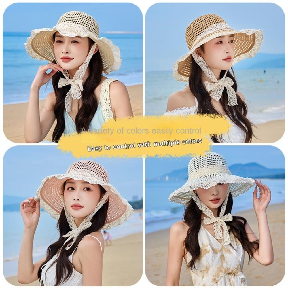 Breathable Lace Tied Sun Hat Large Brim UV Protection Cap Sweet Women Straw Hat  Travel