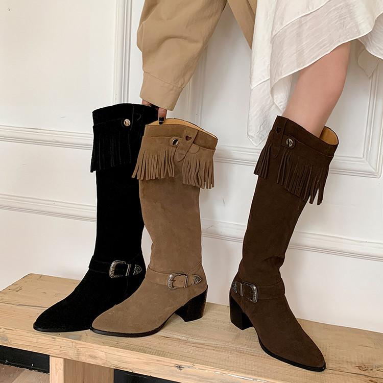 European and American Style Small Round Head Cow Anti-velvet Western Boots~ New Rivet Sleeve Thick Heel Medium Heel High Boots Fringed Boots Women