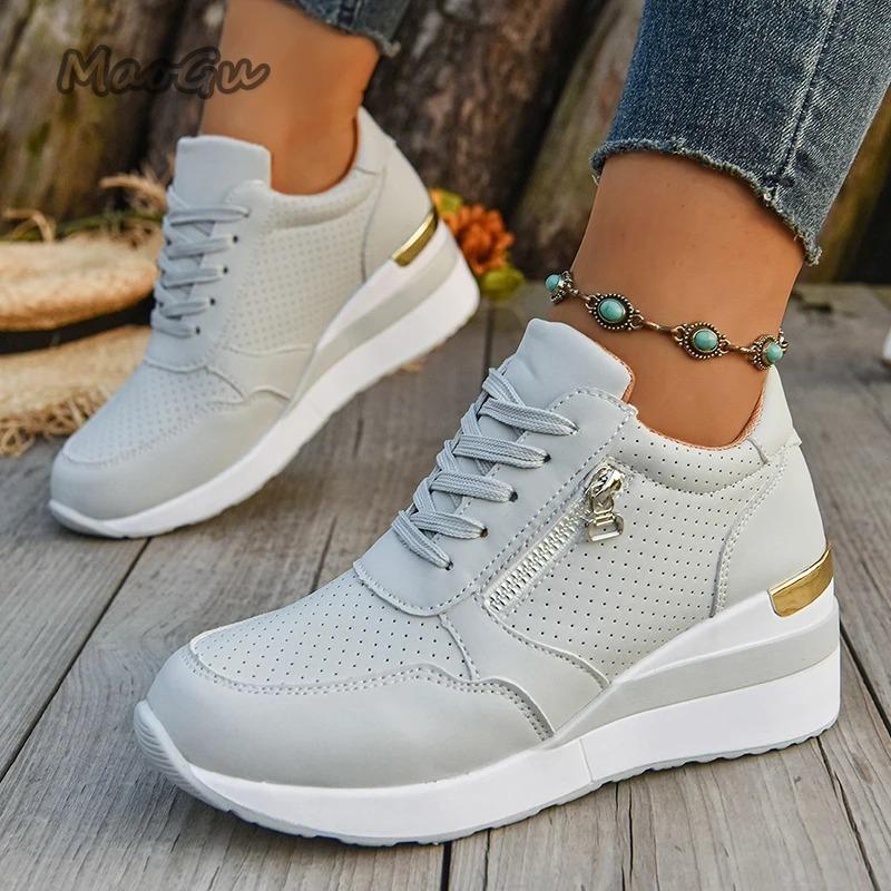 Fashion 2025 Autumn New Fashion Wedge Sneakers Women Lightweight Non Slip Casual Sports Shoes Woman Thick Sole Lace Up Chunky Sneakers