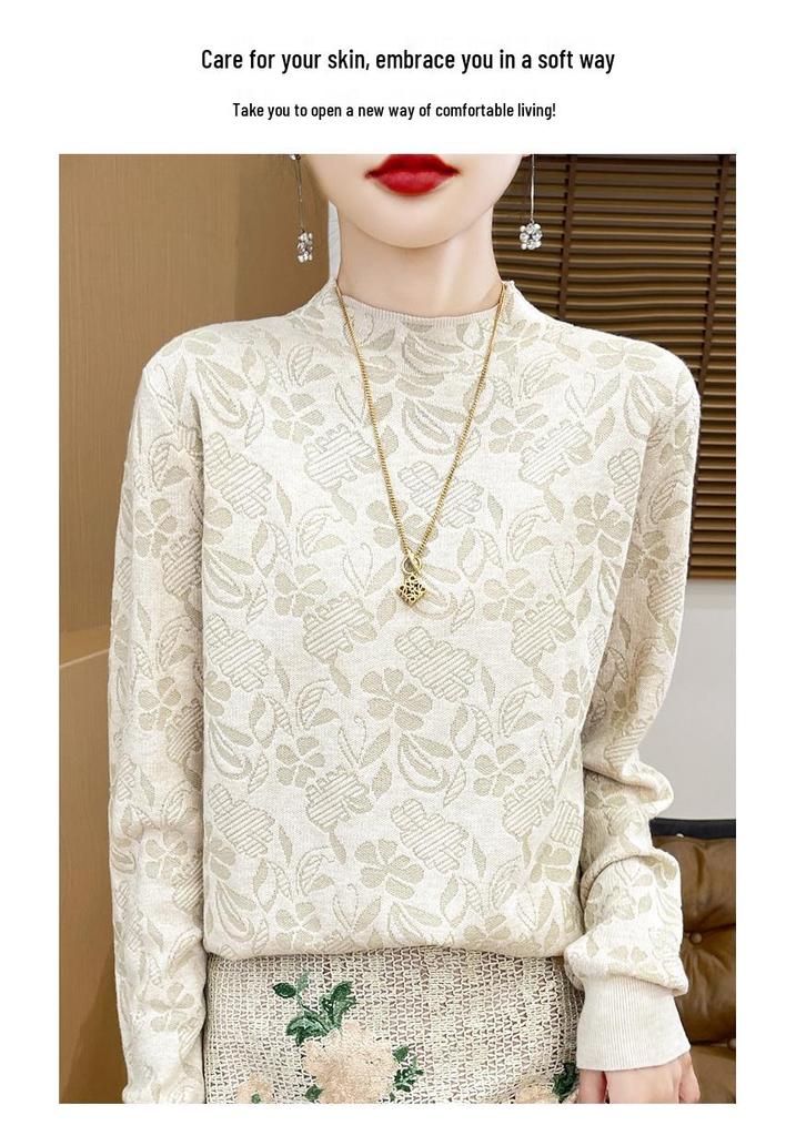 Dark Floral Half-High Collar Sweater for Women - Autumn/Winter Knitwear, Versatile Stylish Base Layer Top