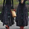 Retro Folk Style Women Fashion Plaid Maxi Skirt Splice Irregular Swing Pleated High Waist Long Skirt