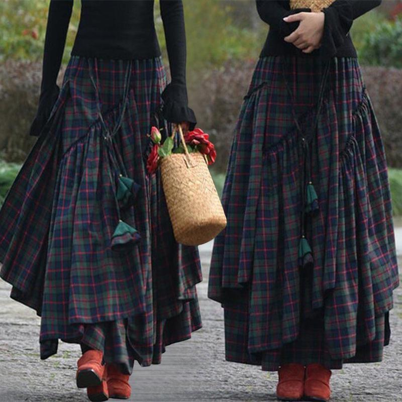Retro Folk Style Women Fashion Plaid Maxi Skirt Splice Irregular Swing Pleated High Waist Long Skirt