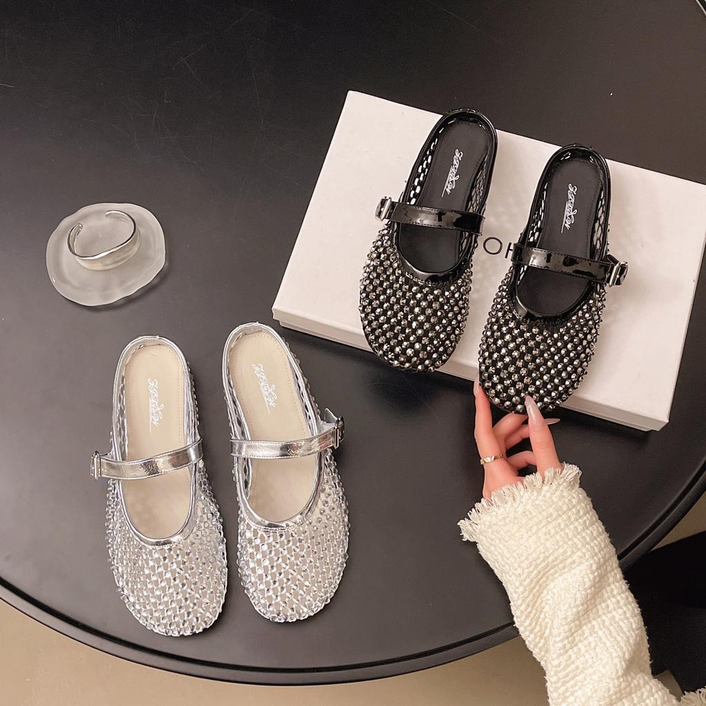 Coole Pantoffeln einzelne Schuhe Sommerkleidung 2025 Mary Jane Tasche Kopfpantoffeln Damen Sommer neu Strass kleiner duftender Wind halbes Tablett