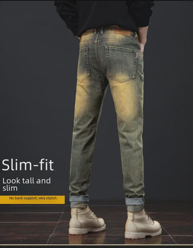 Herr Retro Gula Slim-Fit Jeans - High-End, Elastiska, Skinny Stil för Vår och Höst.