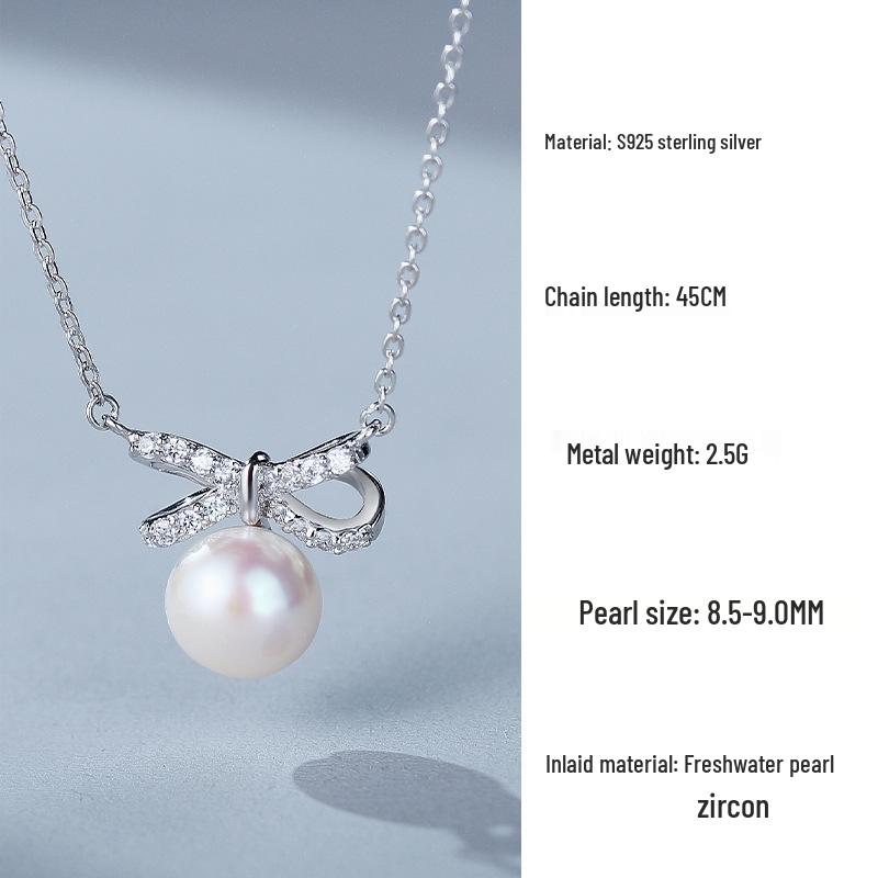 Stylish S925 Sterling Silver Bow Necklace with Freshwater Pearl – Fresh, Versatile Clavicle Chain for Women.