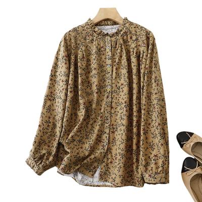 Artistic Ruffles Collar Casual Floral Printed Cotton Linen Shirt Women's Comfortable Button Up Loose Fit Blouse Top