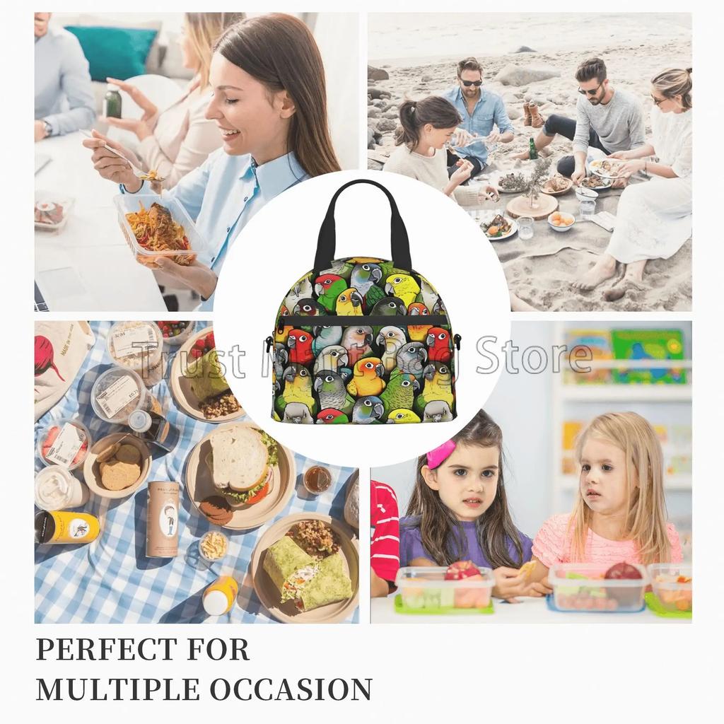 Cute Parrots Insulated Lunch Bag for Women Kids Reusable Portable Cooler Thermal Bento Tote Bags with Adjustable Shoulder Strap