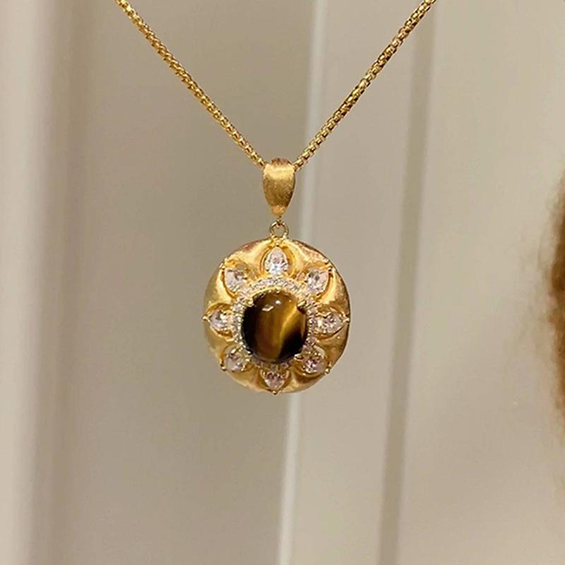 Classic Natural Tiger Eye Stone Necklace New in Trendy High Quality Light Luxury Round Flower Brushed Pendant Wedding Jewelry