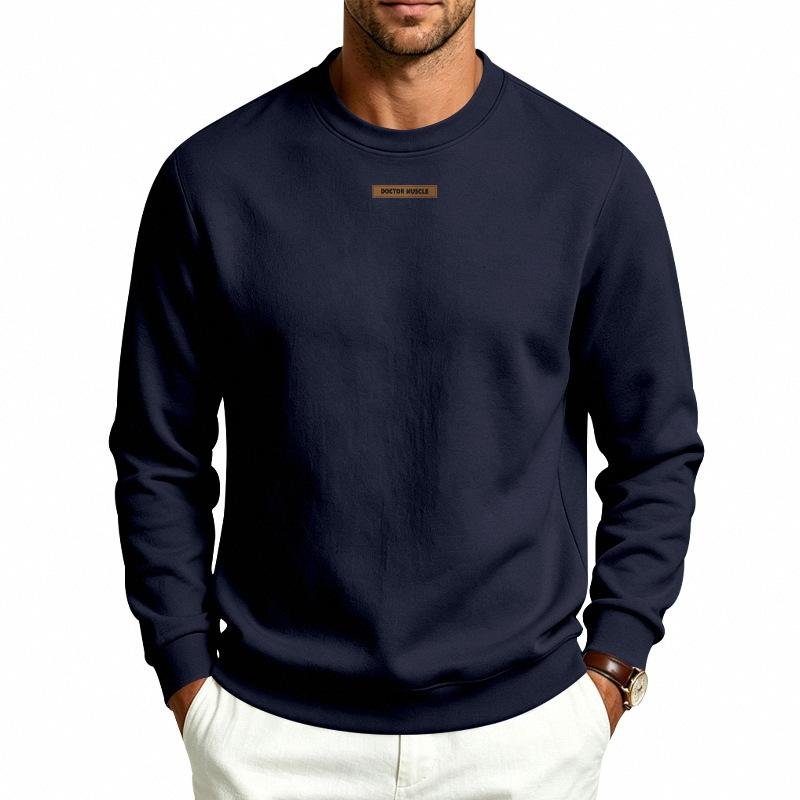 Men's Crew Neck Sweatshirt Solid Color Long Sleeve Pullover Top with Small Chest Label Casual Loose Fit Daily Wear Sweatshirt