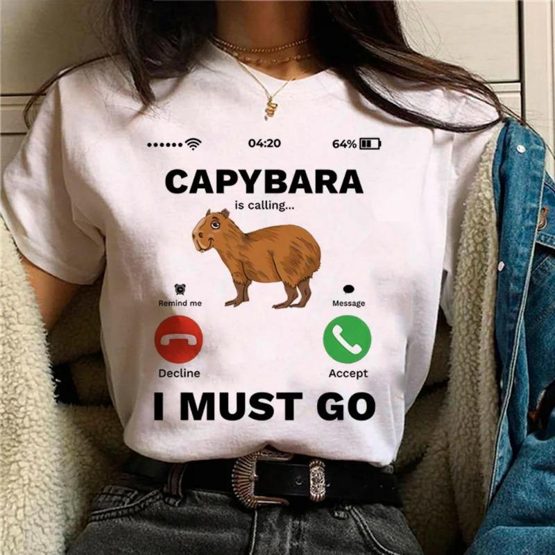 Summer Minimalist Capybara Pattern Printed Loose Round Neck Pure Cotton Short Sleeved Shirt T-Shirts Women’s
