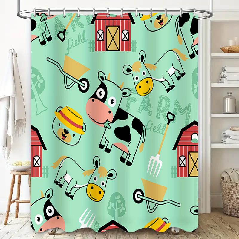 Duschvorhang mit Bauernhoftierdruck Badezimmerdeko Heimtextil Wasserdichter Stoff Blau Grün Gelb Kuh Pferd Roter Scheunenstil