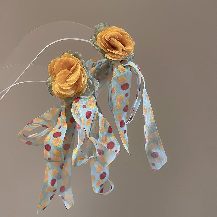 Silver Needle Chiffon Flower Tassel Earrings, Sweet Mori Style, Dopamine Trend, Versatile Women’s Earrings