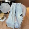 Korean Style Elegant Pearl Waist Rhinestone Light Jeans - Women's High Waist Straight Slimming Wide Leg Pants