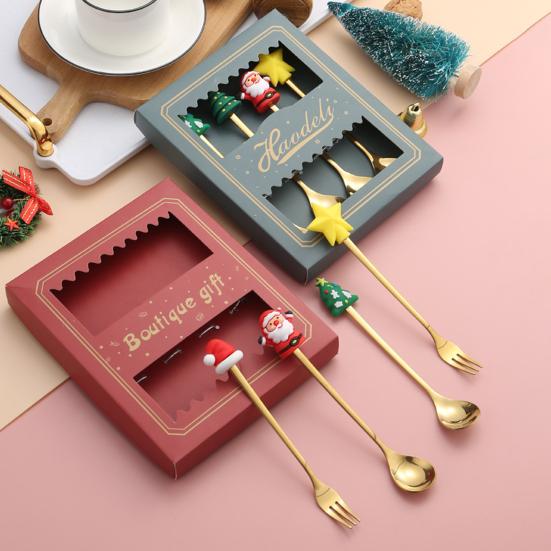 Nerezová vánoční sada lžiček s motivem stromku, Santa Clause a hvězdy, lžičky na míchání kávy, slavnostní kuchyňské náčiní s dárkovou krabičkou