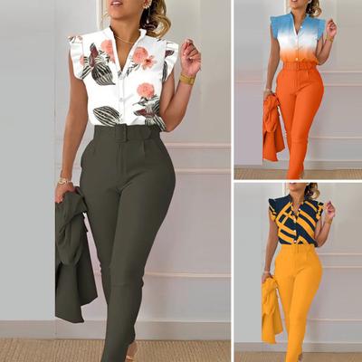 2Pcs/Set Summer Outfits V-neck Button Down High Waist Ruffled Sleeves Printing Daily Wear Matching Belt Office Lady Shirt Top
