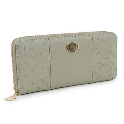 Long Round Cute Cat Character Floral Embossed [Shanfy] Women's Wallet, Zipper, Brooch, (Green)