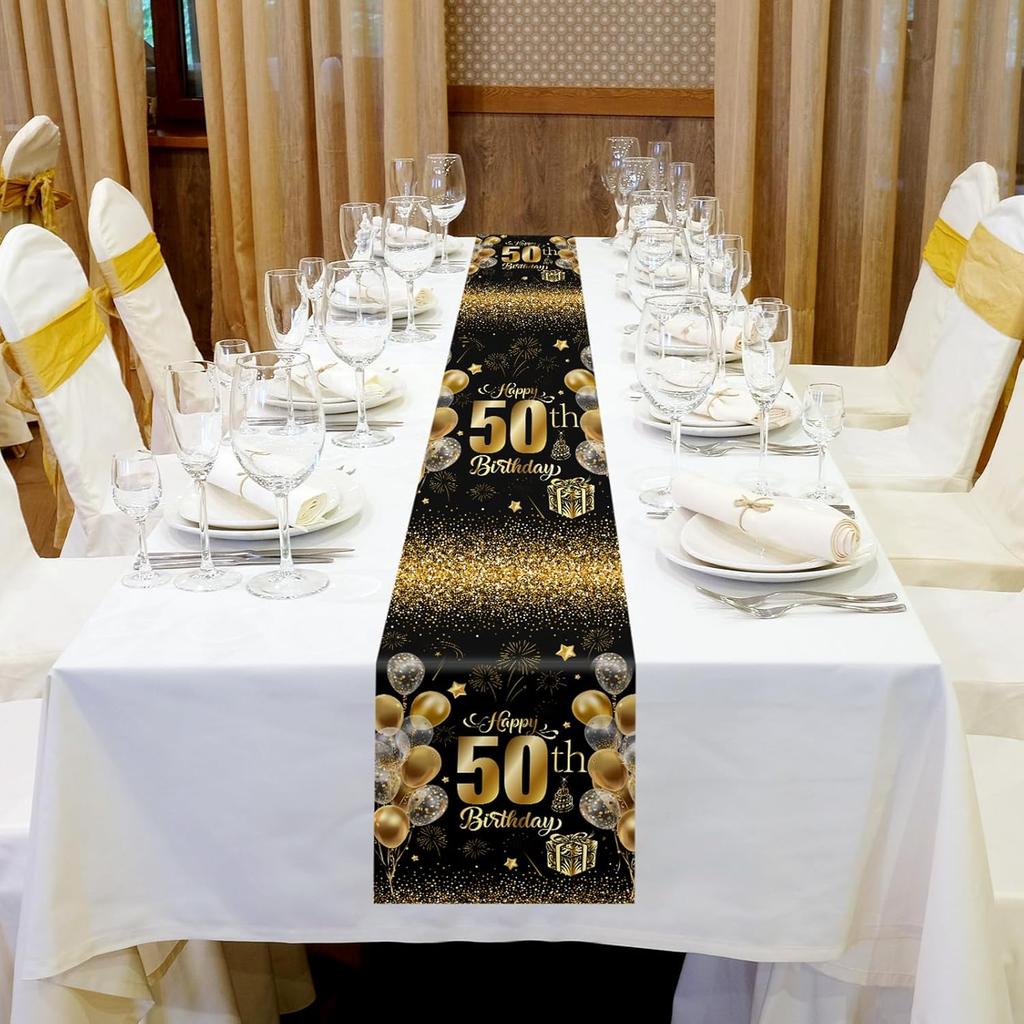 6 Pcs 50th Birthday Table Runners Plastic Black and Gold Tablecloths Happy 50th Birthday Table Runners 14x108 Inch for Men Women Anniversary