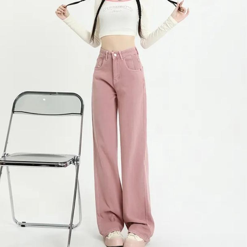 Women's Summer Dirty Pink High Waisted Wide Leg Jeans Straight Leg Loose Fit Versatile Slimming Long Pants